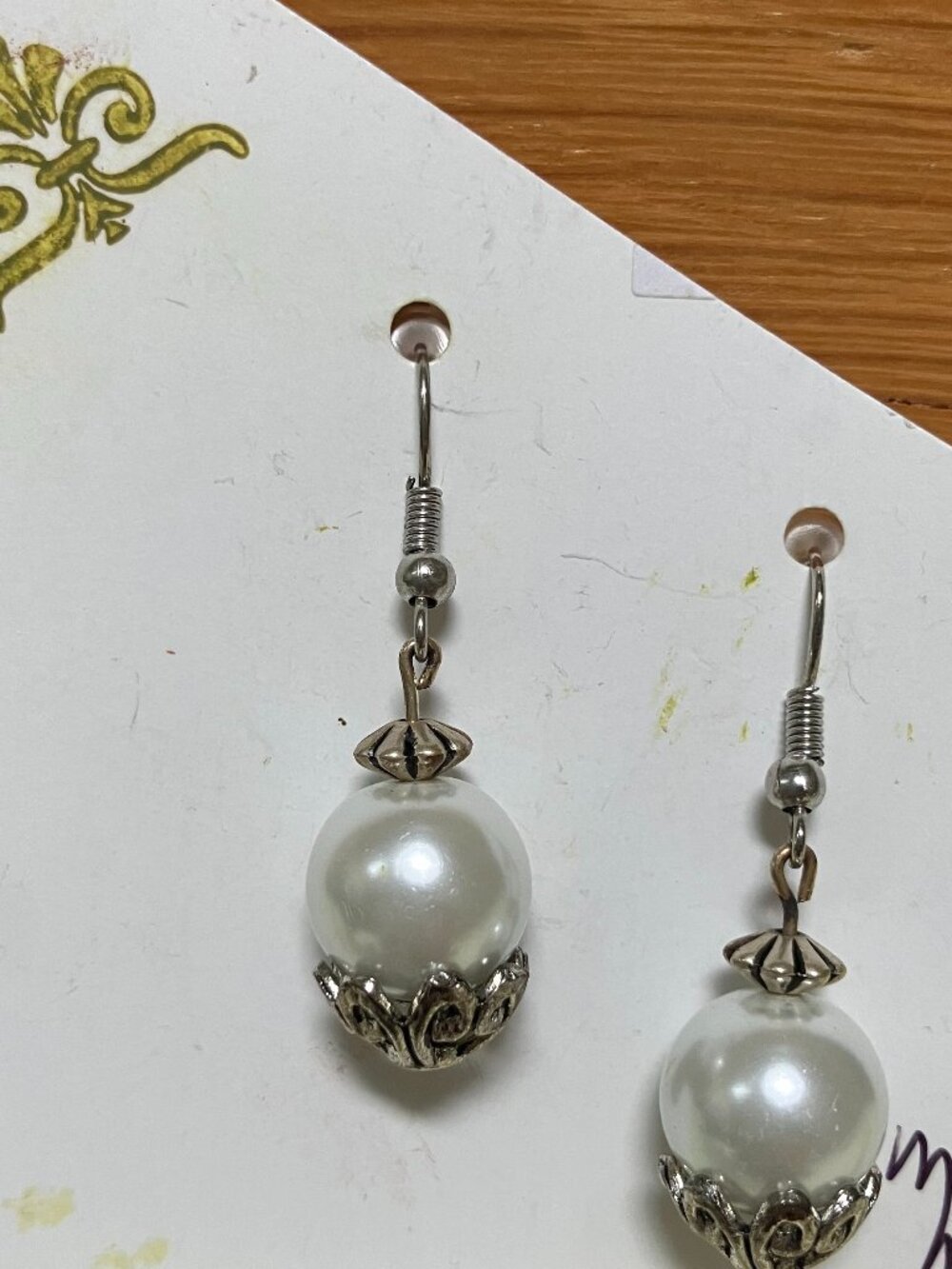 Handmade Pierced Earrings, White "Pearl" Bead